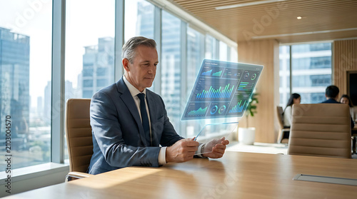 Senior Businessman Analyzing Holographic Financial Data Interface