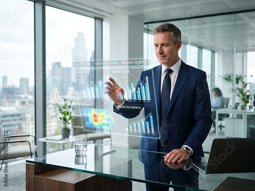 Corporate Executive Using Hologram Data Interface in High Rise