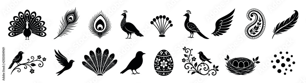 Obraz premium Illustration set of various birds, peacocks, feathers, and nests, perfect for elegant design, rendered in a vintage monochrome halftone engraving style
