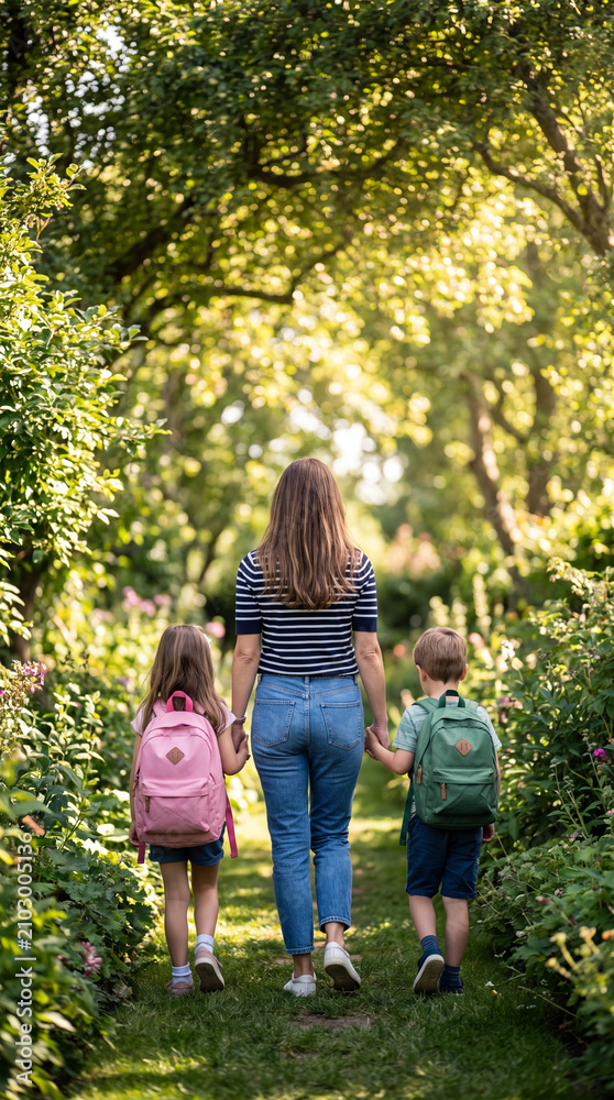 Fototapeta premium A mother holds hands with her son and daughter as they walk down a path in a lush garden, each wearing a backpack.