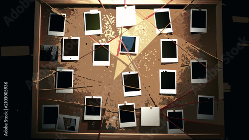 Cuadro en lienzo Investigation board with polaroid photographs and red string connections a digit