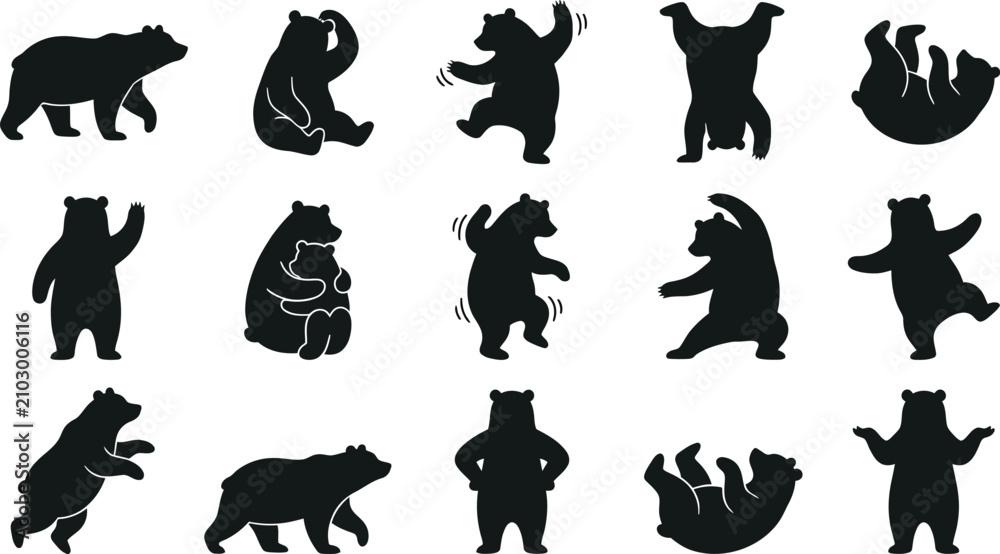 Naklejka premium Cute Funny Bear Silhouette Collection - Playful Animal Vector Clipart