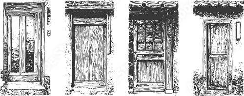 vintage hand drawn wooden doors set rustic old entrance frames isolated illustration