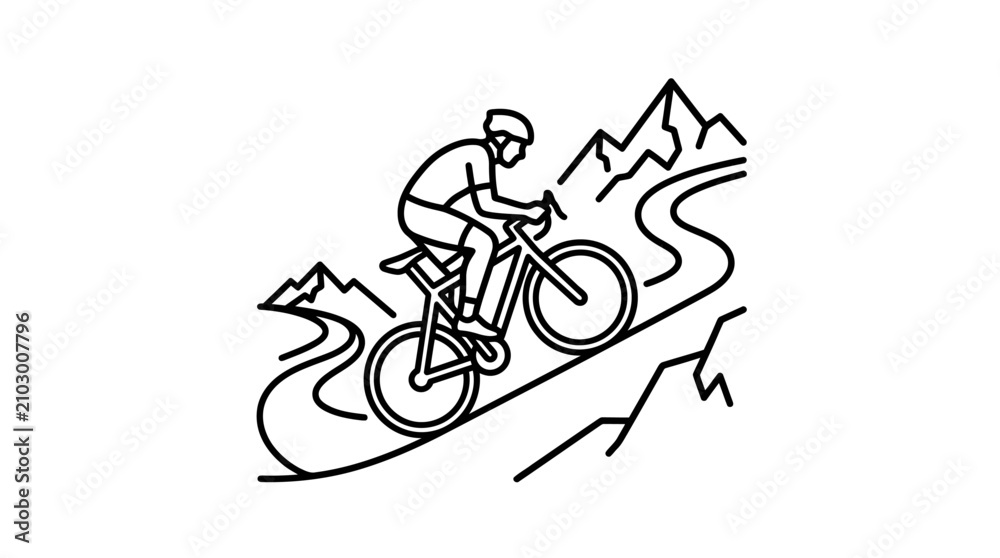 Obraz premium Dynamic Black and White Line Drawing of Cyclist Racing on Mountainous Terrain with Winding Road