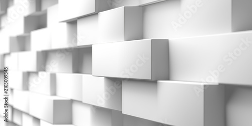 Canvastavla Closeup perspective of white cubic protruding blocks wall for architectural back