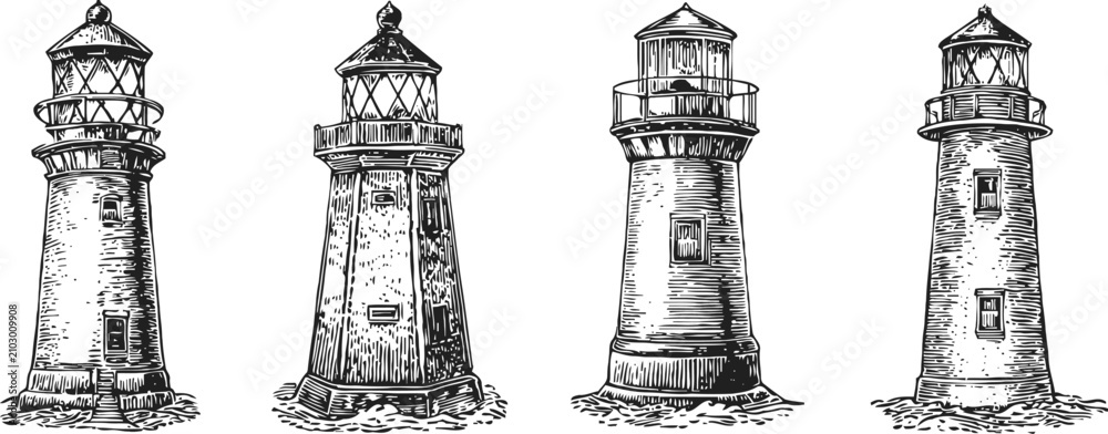 Obraz premium Vintage lighthouse illustrations detailed four coastal tower sketches nautical maritime design elements