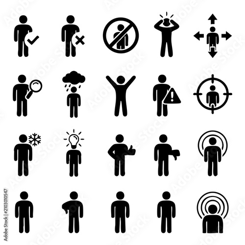 Set of human condition and emotion icons featuring various body postures and abstract concepts for social psychology design silhouette psychology condition behavior expression abstract positive
