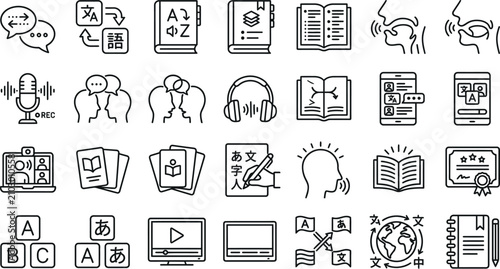 Quadro su tela Set of language learning and education icons in line art style with language edu