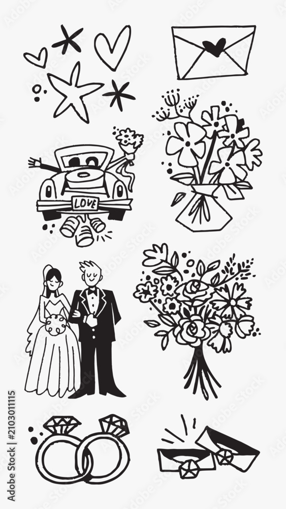 Obraz premium Whimsical wedding doodle collection vector elements