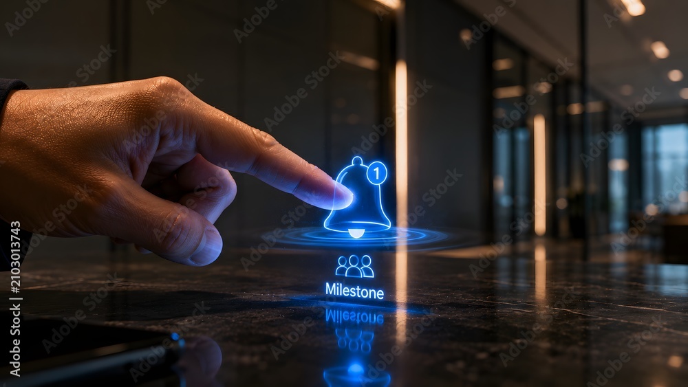 Obraz premium Digital milestone achievement hand interacting with notification icon