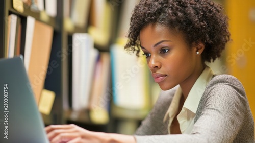 woman working on laptop in library