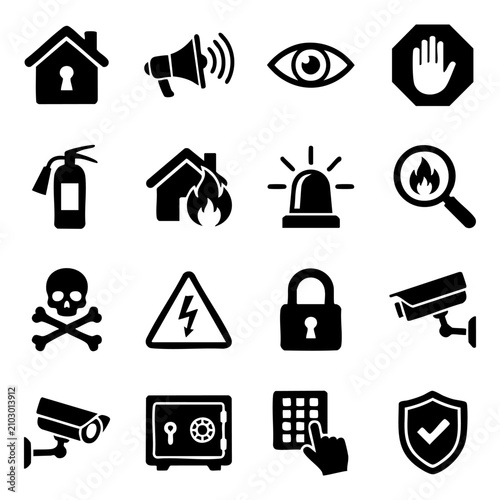 Set of security and safety alert icons with security protection surveillance emergency graphics monitoring electricity firefighter extinguisher property technology interface business