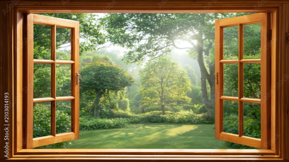 Fototapeta premium A wooden window frame with open wooden windows, overlooking a lush green garden with trees and a clear blue sky.