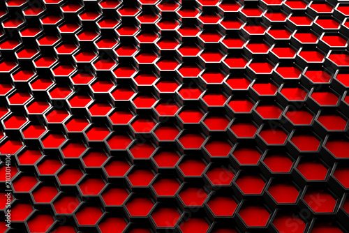 Black hexagon grid pattern with red depth and glossy metal honeycomb texture for background banner and wallpaper design