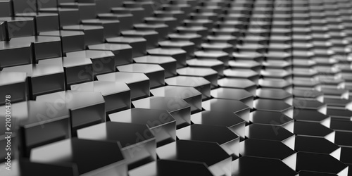 Monochrome hexagonal metallic tile surface for industrial pattern background and technology banner design with reflective metal geometry and repeating grid