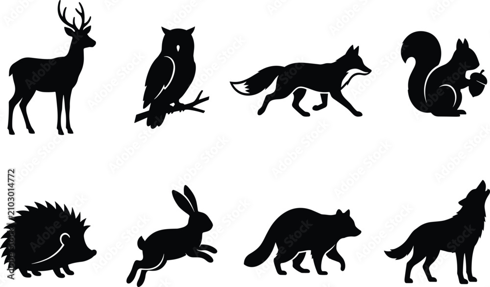 Obraz premium Woodland Forest Animal Silhouette Collection Set with Deer Owl Fox Squirrel Hedgehog Rabbit Raccoon and Wolf Vector Illustration