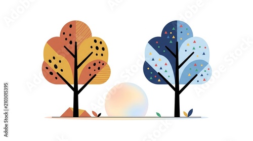 Autumn and spring trees side by side in seasonal change illustration. Vibrant flat design nature scene with foliage transition for eco and climate...