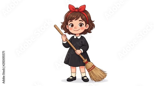 Cute cartoon girl holding a broom for cleaning. Playful child character in black dress with red bow ready for housework.