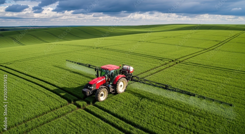 Obraz premium Modern Red Tractor with Boom Sprayer Working in Vast Green Agricultural Field Aerial Drone Shot