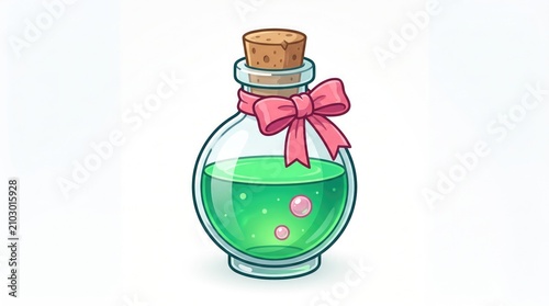 Glass bottle with green liquid and pink ribbon gift. Small decorative jar filled with glowing potion or magical elixir for fantasy themes.