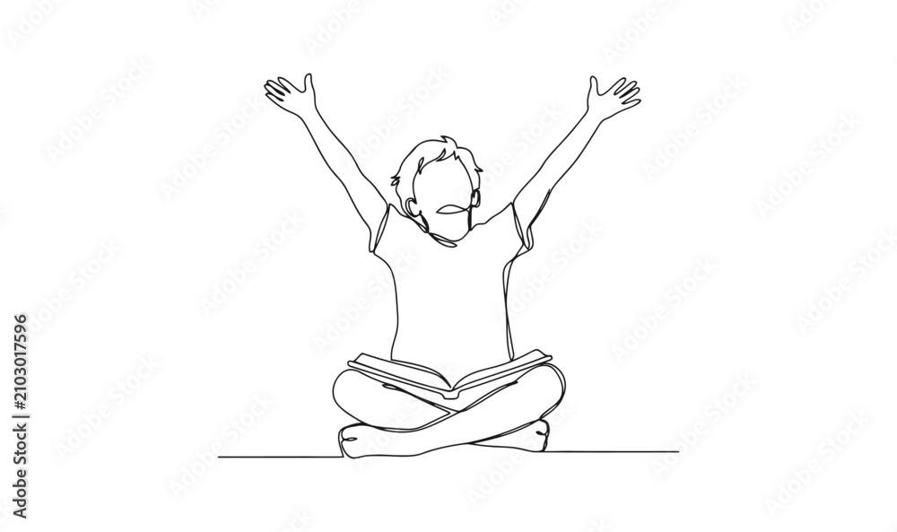 Fototapeta premium Continuous line art illustration of a child reading and celebrating with education