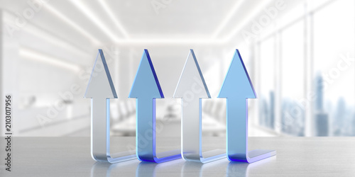 Four blue glass upward arrows lined growth icons on table in bright office for business presentation banner and corporate infographic design