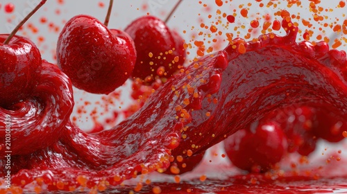 Fresh red cherries splashing in vibrant juice wave.