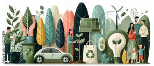 Sustainable green energy vector illustration, eco friendly lifestyle and renewable power concept, environmental conservation with solar panels and electric car