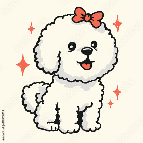 Cuadro en lienzo Cute white bichon frise dog mascot with bow cartoon vector illustration