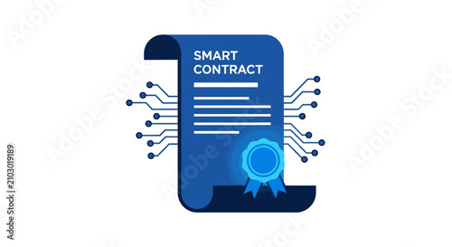 Smart Contract Digital Document with Circuitry and Official Seal, Blockchain Technology and Fintech Concept Illustration for Secure Digital Agreements on White Background