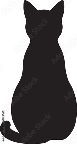 Black cat silhouette sitting on white background. Minimalist feline profile in high-contrast monochrome for modern design.