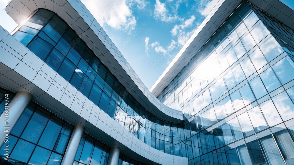 Obraz premium A modern office building with glass windows and blue sky in the background.