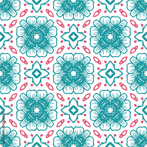 Seamless watercolor floral pattern with red flowers and folk ornaments Elegant seamless kaleidoscope floral pattern in pastel pink and maroon