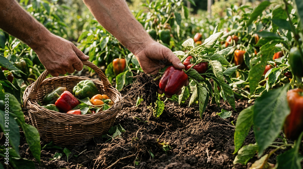 Fototapeta premium Harvesting Fresh Bell Peppers From Organic Farm Garden