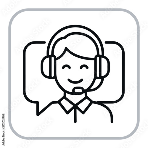Friendly customer support assistant icon with headset and bubble