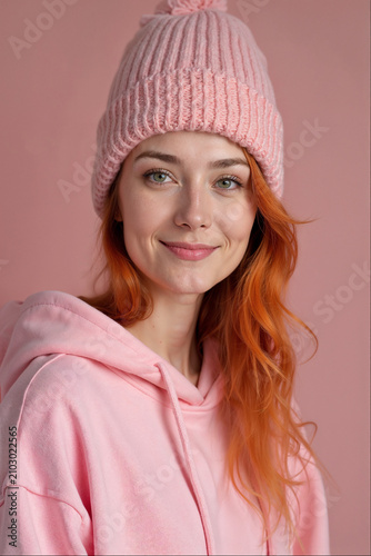 Young woman with pink hat and hoodie against pastel background