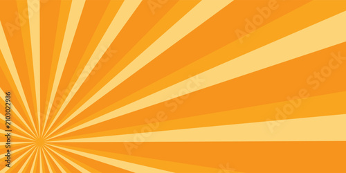 Orange stripes burst lines background. Sun ray light. Radiate sunlight. Vintage stripes halftone radial wallpaper for poster, banner.Circus background of spiral yellow orange rays vector.