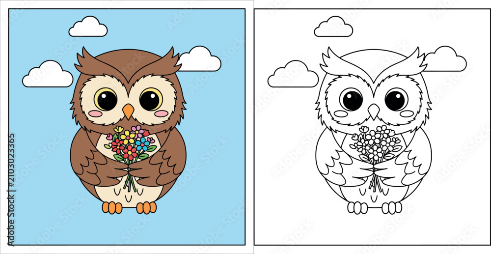 Fototapeta premium Cute Cartoon Owl Holding a Colorful Bouquet of Flowers against a Light Blue Sky with Clouds
