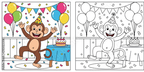Canvas Print Happy Cartoon Monkey Celebrating Birthday Party with Balloons Confetti and Cake