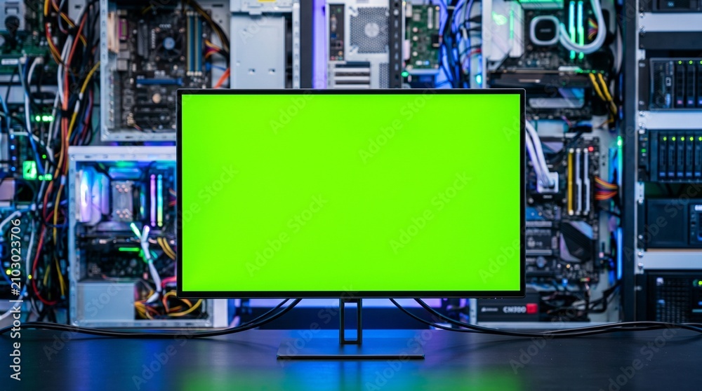 Fototapeta premium Blank green screen computer monitor set against a complex background of open server computer hardware and intricate wiring in a modern technical workspace