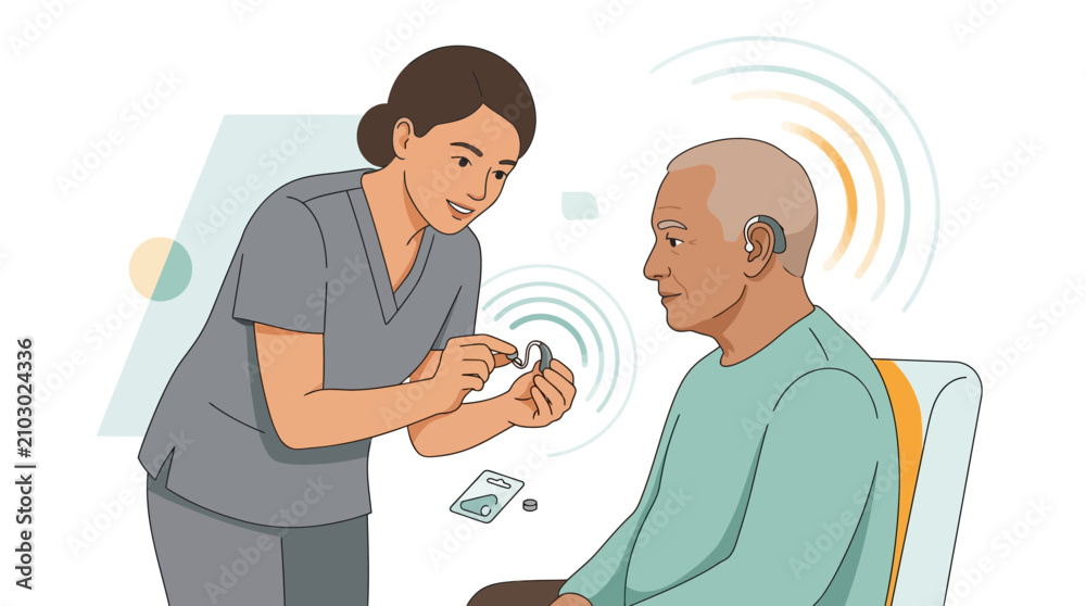 Fototapeta premium Nurse assisting elderly patient with hearing aid adjustment, illustrating audiology and healthcare support.