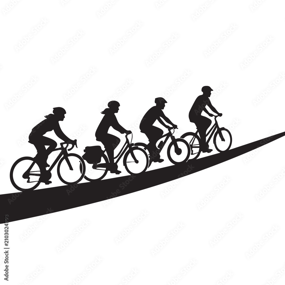 Fototapeta premium Bicyclists Riding Downhill in a Row, Black Silhouettes on a White Background, Dynamic Motion Illustration featuring cycling, group, sport