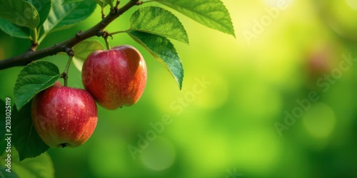 Two ripe red apples hanging from a branch with vibrant green leaves against a blurred green background