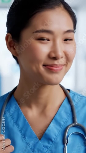 A Compassionate Healthcare Professional: A Smiling Nurse in Blue Scrubs Ready to Provide Care and Support to Patients in a Modern Medical Environment