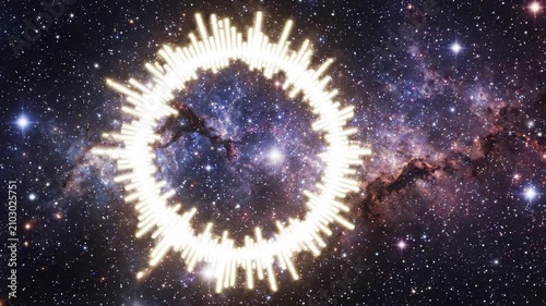 Radiant waves of energy swirl in a vast galaxy, blending with vibrant colors and cosmic dust. The enchanting intersection of sound and light creates a captivating visual symphony.