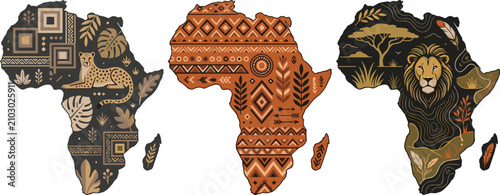 African Map Collection with Tribal Patterns, Leopard and Lion Wildlife Vector Set