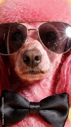 A Stylish Pink Poodle with Sunglasses and a Bow Tie Against a Vibrant Yellow Background, Showcasing Its Trendy and Playful Personality