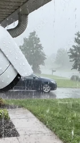 Intense Rainfall Captured from a Porch Camera: A Close-Up View of Raindrops Pouring Down with a Car in the Background on a Gloomy and Stormy Day