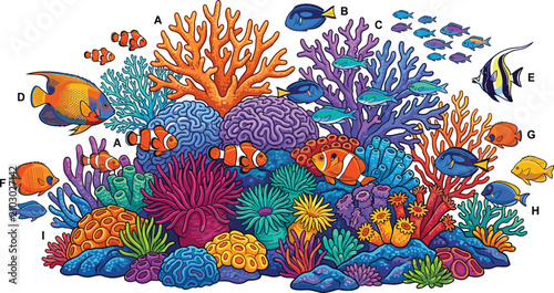 Foto Vibrant Underwater Coral Reef Vector Illustration Featuring Colorful Marine Life