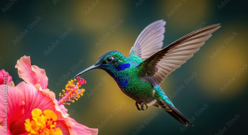 Fototapeta premium Vibrant Hummingbird Hovering and Feeding on a Pink Hibiscus Flower in a Lush Tropical Garden